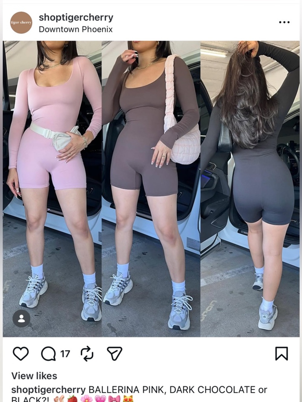 SeamFit Long-Sleeve Biker Romper — Ballerina Pink, Dark Chocolate, Black